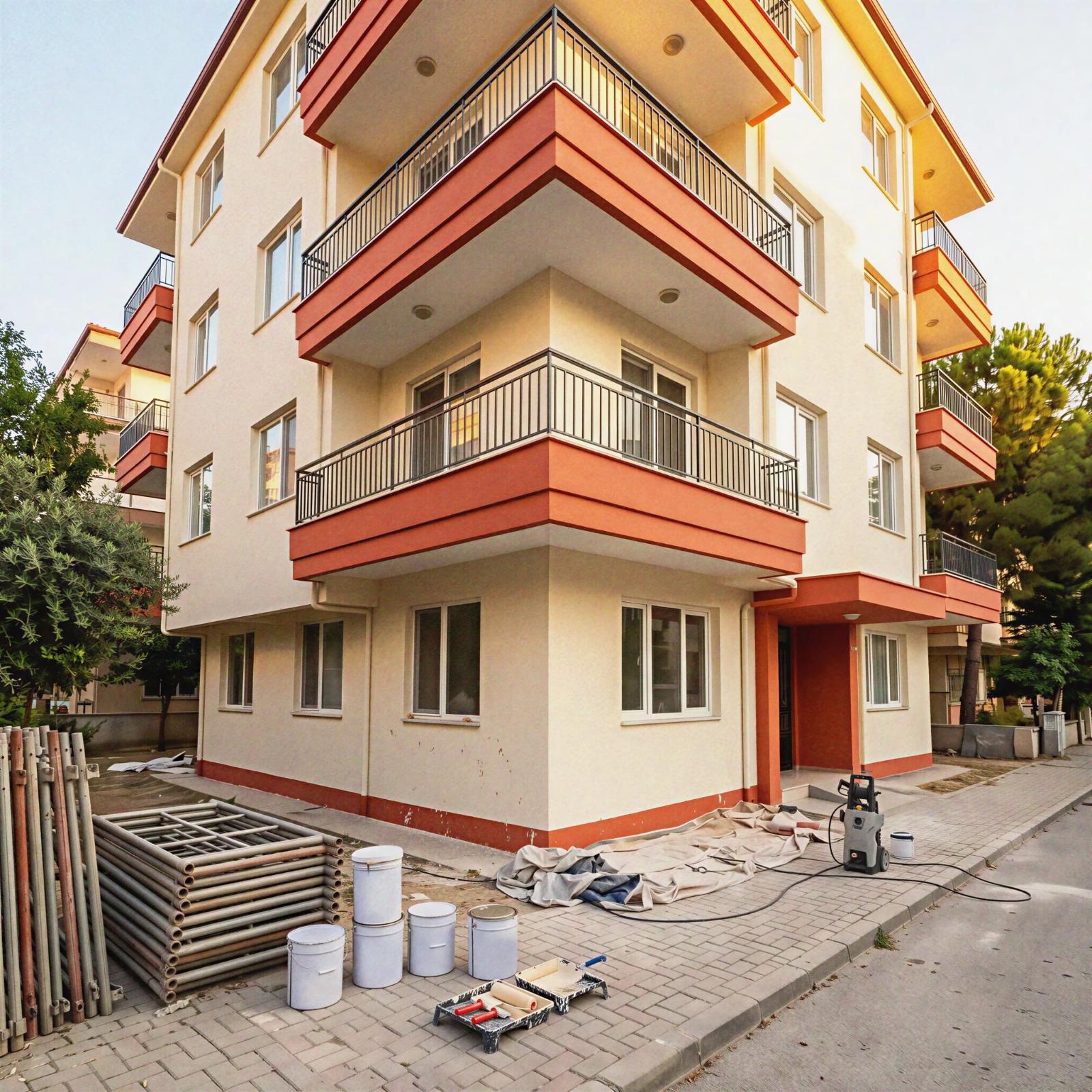 Evka 3'te krem ve terracotta renklerle boyanmış apartman dış cephesi