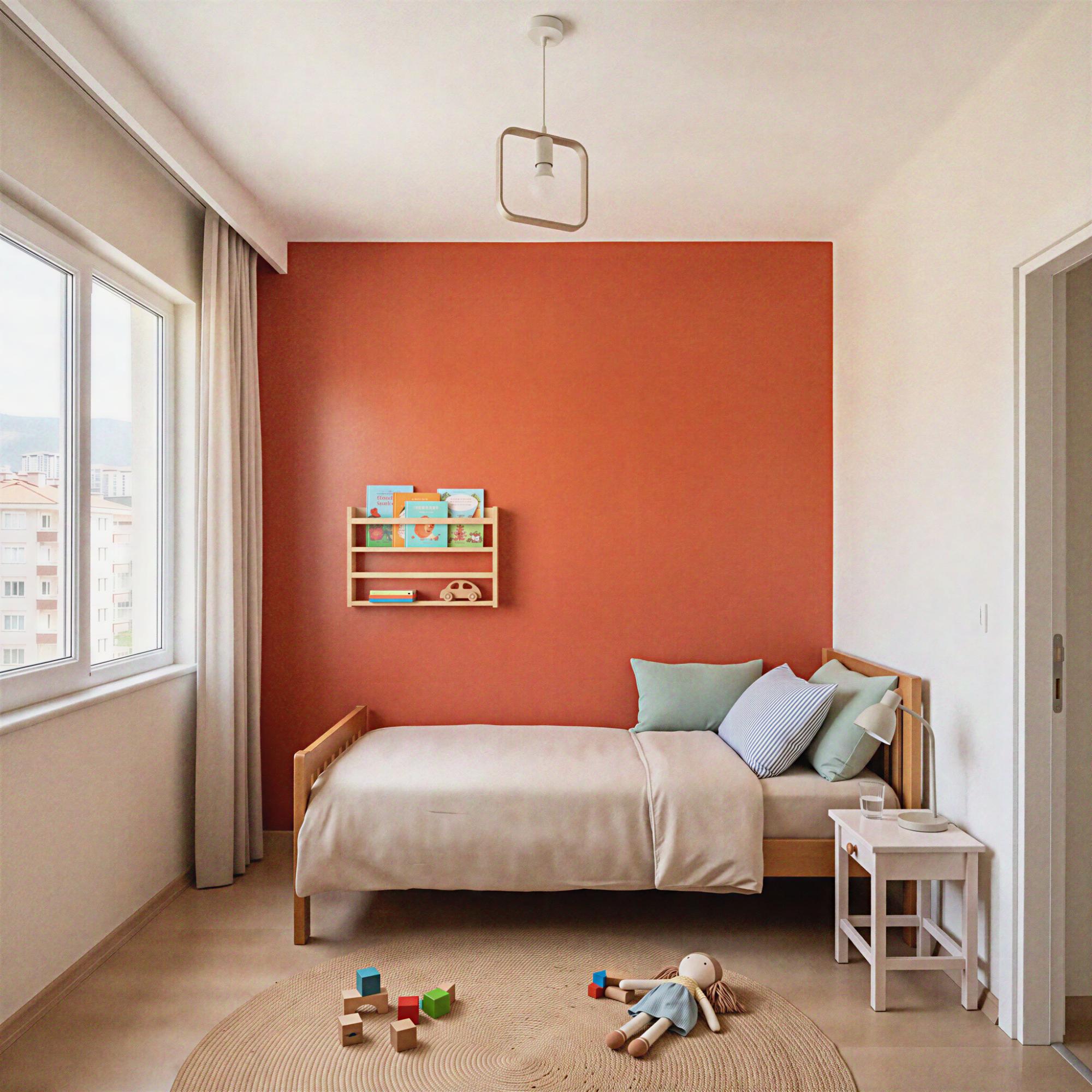 Evka 4'te terracotta vurgu duvarlı, silinebilir boya uygulanmış çocuk odası